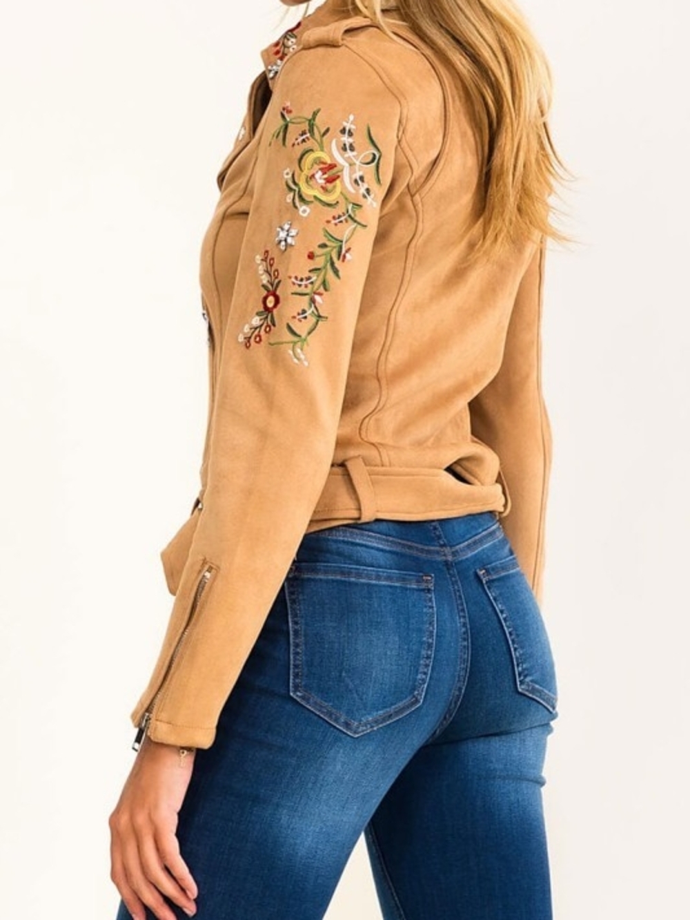 Embroidered Tan Vegan Suede Moto Jacket - Women